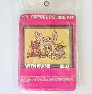 Vintage Mini Crewel Picture Kit with Frame Owls